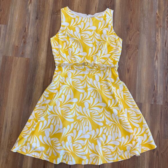 Banana Republic Yellow Floral Dress Belted Fit & Flare Size 14 - Picture 4 of 10